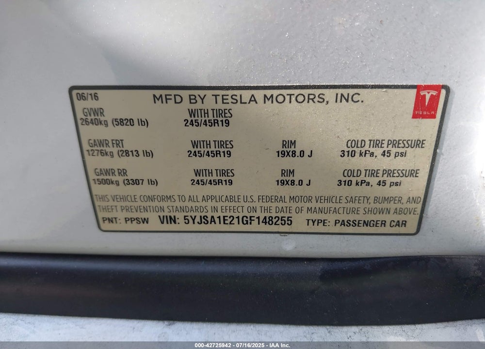 2016 TESLA MODEL S VIN: 5YJSA1E21GF148255