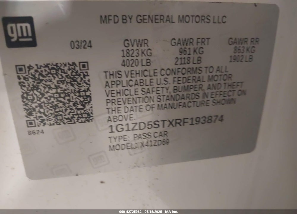 2024 CHEVROLET MALIBU FWD 1LT VIN: 1G1ZD5STXRF193874