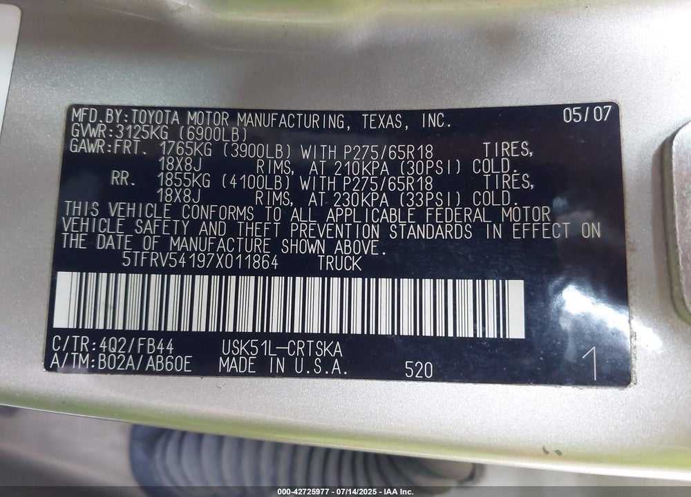 2007 TOYOTA TUNDRA SR5 V8 VIN: 5TFRV54197X011864