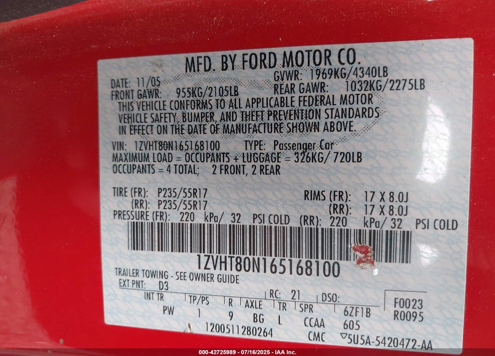 2006 FORD MUSTANG VIN: 1ZVHT80N165168100