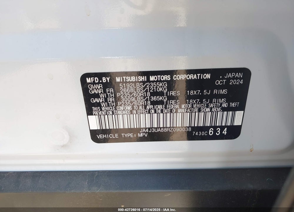 2024 MITSUBISHI OUTLANDER ES 2.5 2WD VIN: JA4J3UA88RZ090038