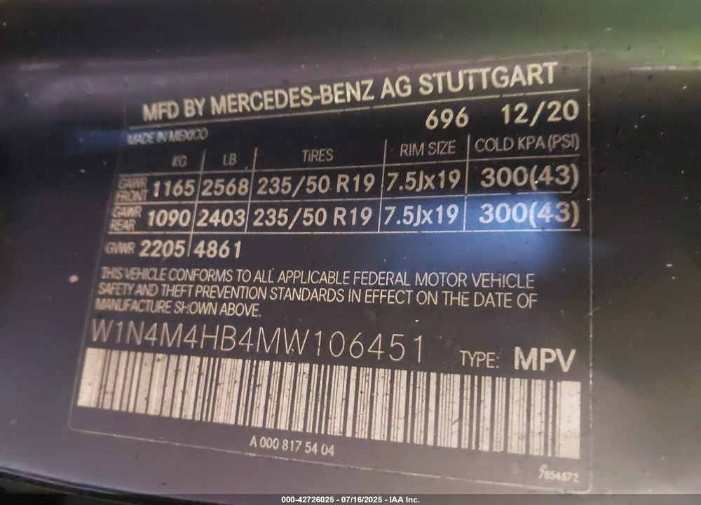 2021 MERCEDES-BENZ GLB-CLASS VIN: W1N4M4HB4MW106451
