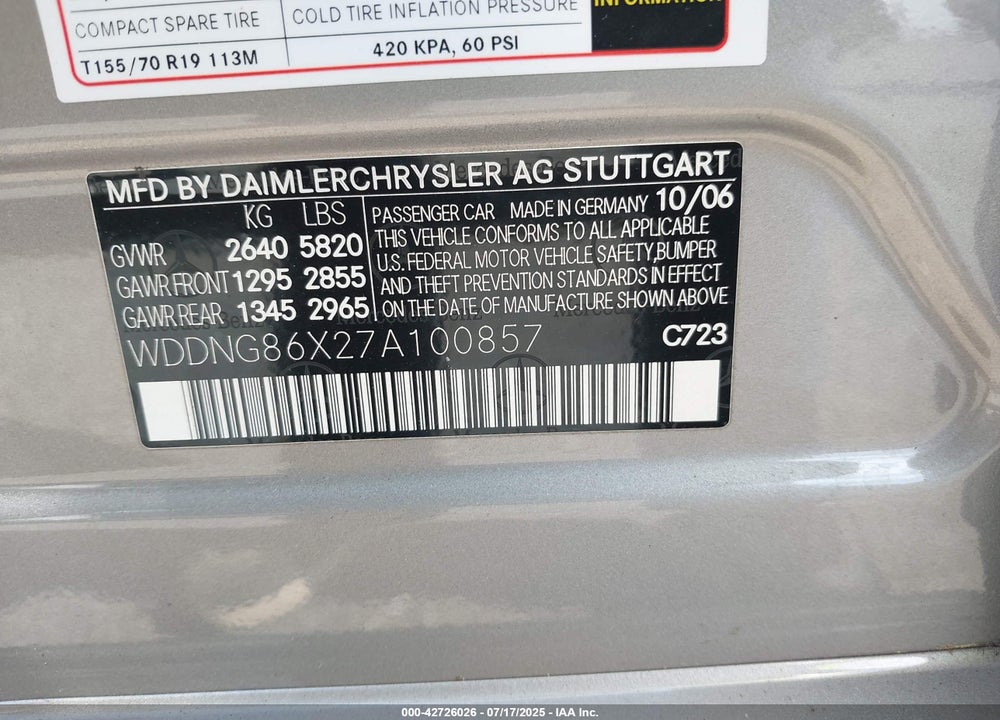 2007 MERCEDES-BENZ S 550 4MATIC VIN: WDDNG86X27A100857