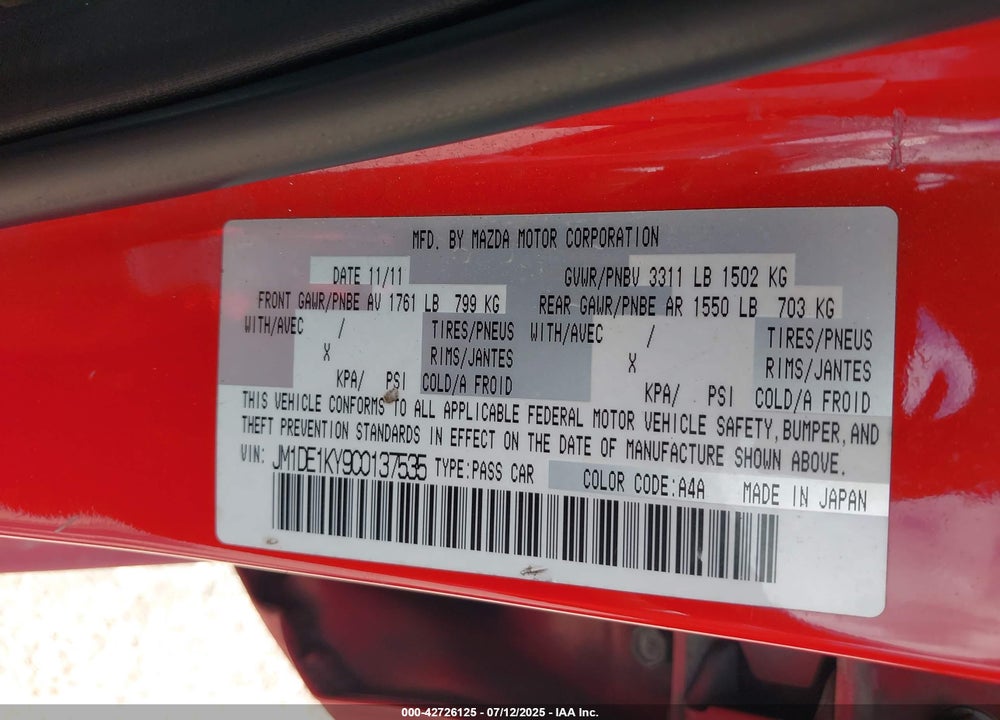 2012 MAZDA 2 VIN: JM1DE1KY9C0137535