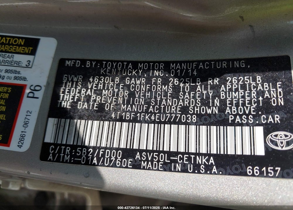 2014 TOYOTA CAMRY VIN: 4T1BF1FK4EU777038