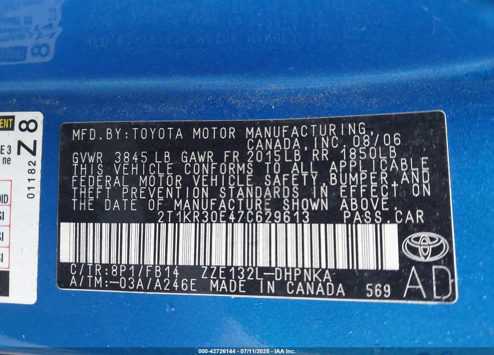 2007 TOYOTA MATRIX VIN: 2T1KR30E47C629613