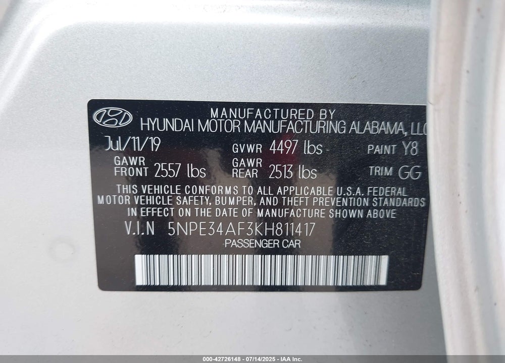 2019 HYUNDAI SONATA VIN: 5NPE34AF3KH811417