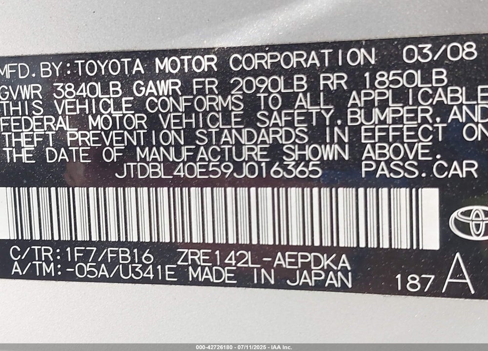 2009 TOYOTA COROLLA VIN: JTDBL40E59J016365
