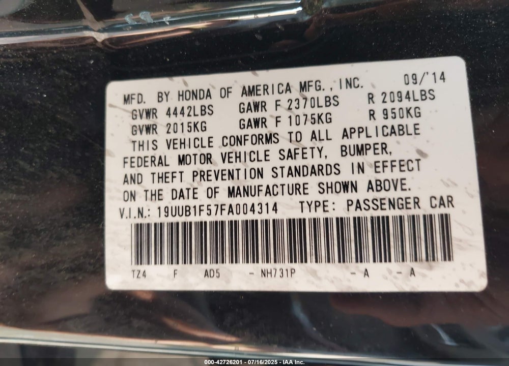 2015 ACURA TLX VIN: 19UUB1F57FA004314