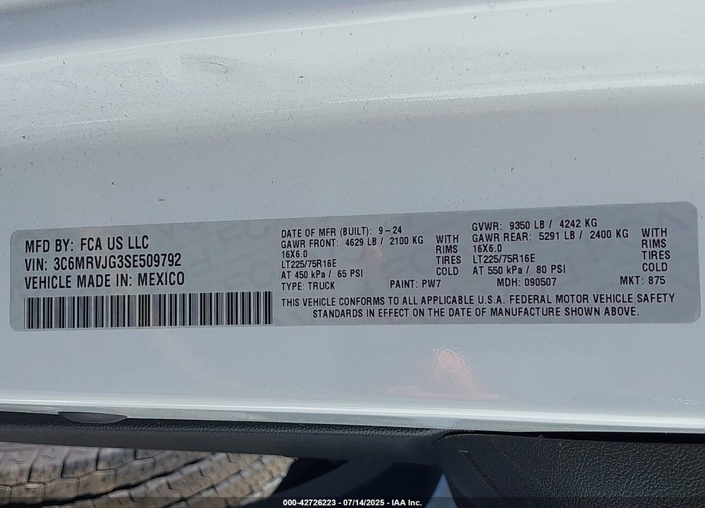 2025 RAM PROMASTER 3500 VIN: 3C6MRVJG3SE509792