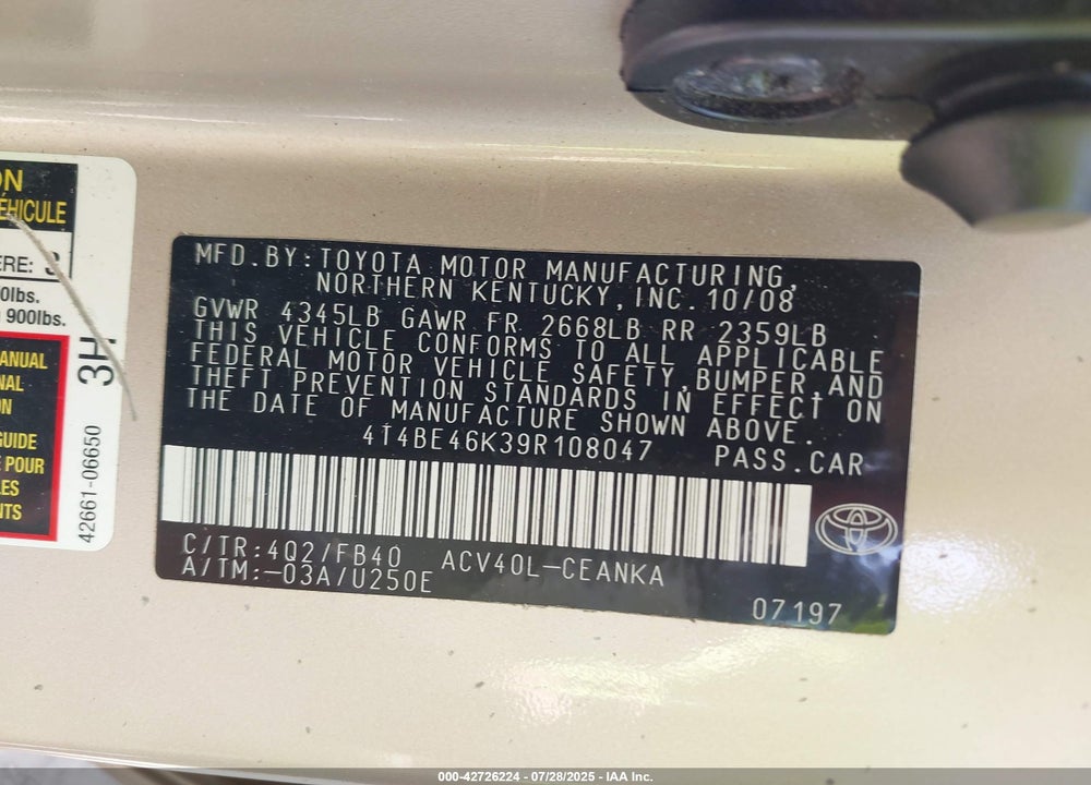 2009 TOYOTA CAMRY LE VIN: 4T4BE46K39R108047