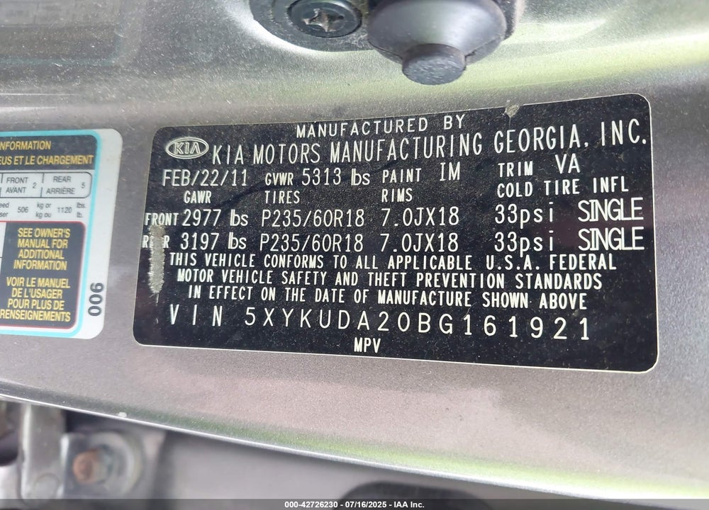 2011 KIA SORENTO VIN: 5XYKUDA20BG161921