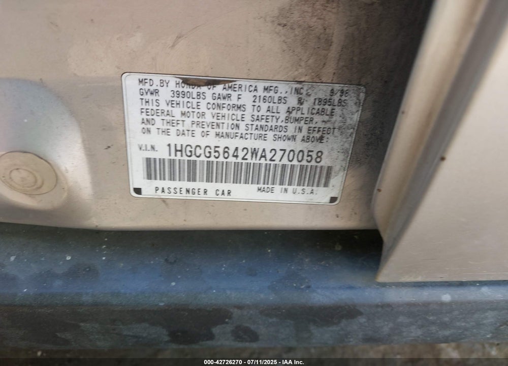1998 HONDA ACCORD LX VIN: 1HGCG5642WA270058