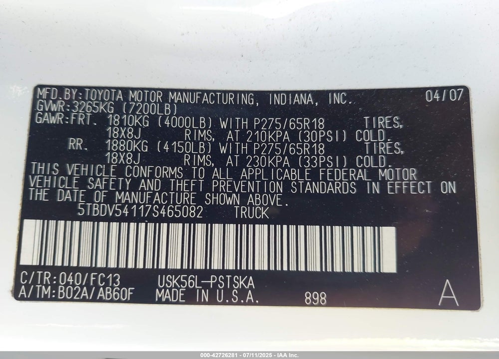 2007 TOYOTA TUNDRA VIN: 5TBDV54117S465082