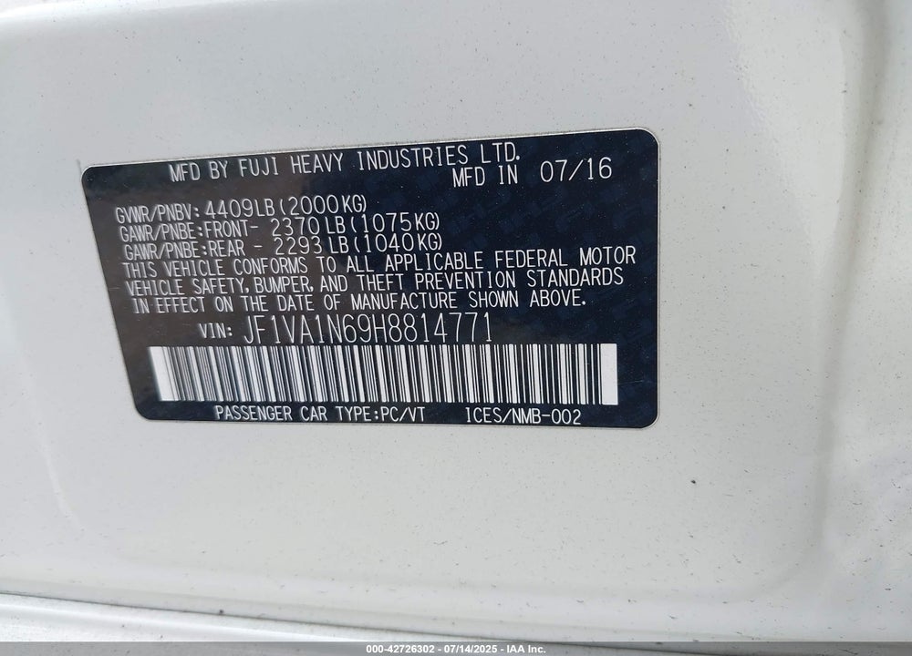 2017 SUBARU WRX VIN: JF1VA1N69H8814771