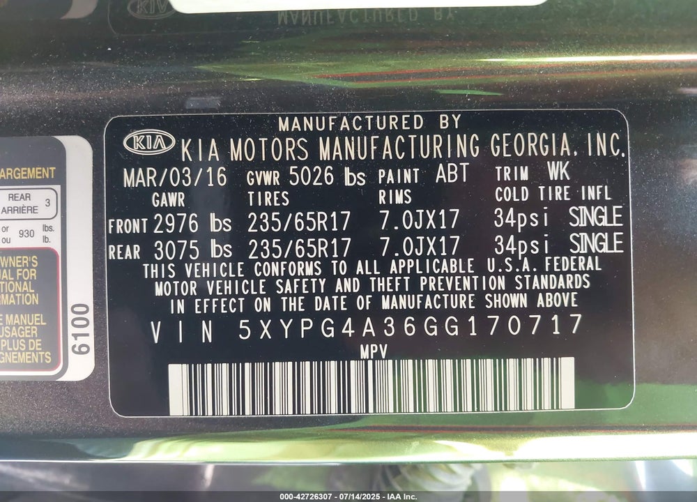 2016 KIA SORENTO VIN: 5XYPG4A36GG170717