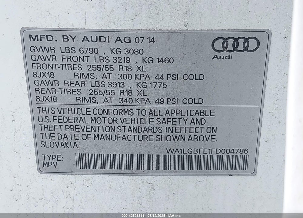 2015 AUDI Q7 3.0T PREMIUM VIN: WA1LGBFE1FD004786