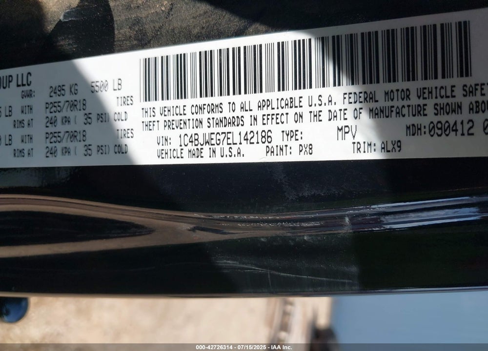 2014 JEEP WRANGLER UNLIMITED SAHARA VIN: 1C4BJWEG7EL142186