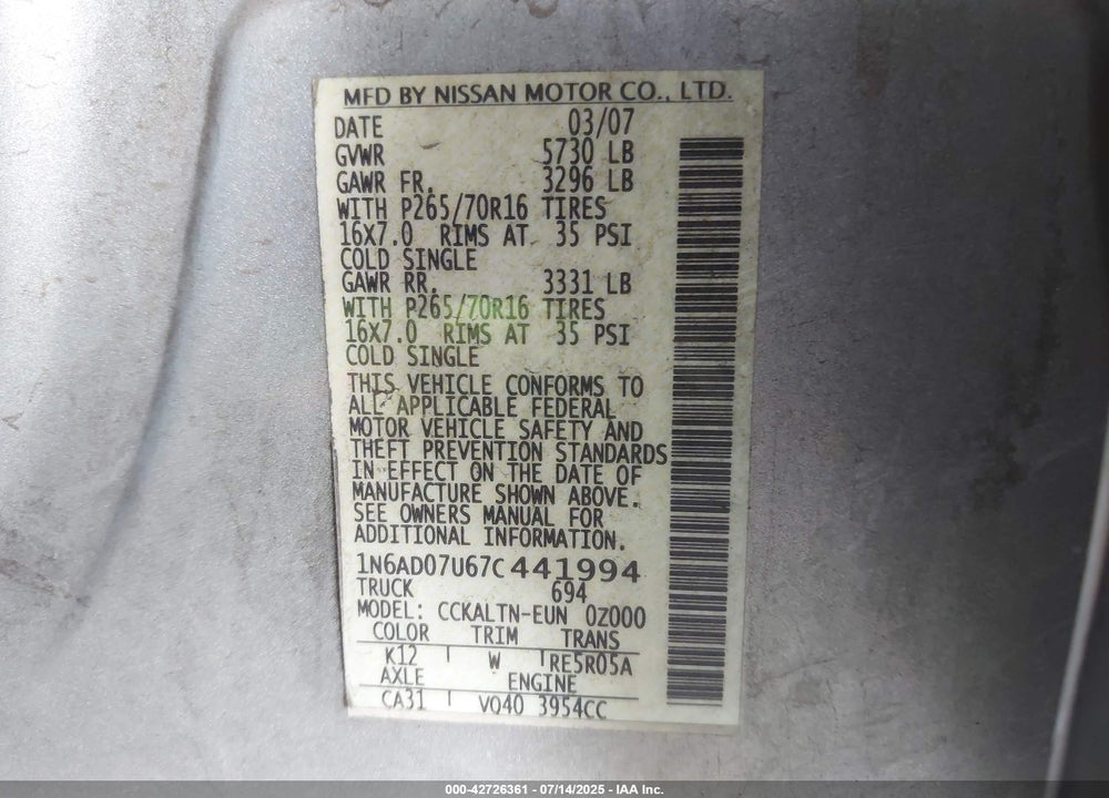 2007 NISSAN FRONTIER VIN: 1N6AD07U67C441994
