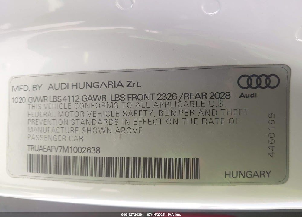 2021 AUDI TT VIN: TRUAEAFV7M1002638