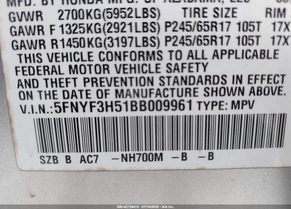 2011 HONDA PILOT VIN: 5FNYF3H51BB009961