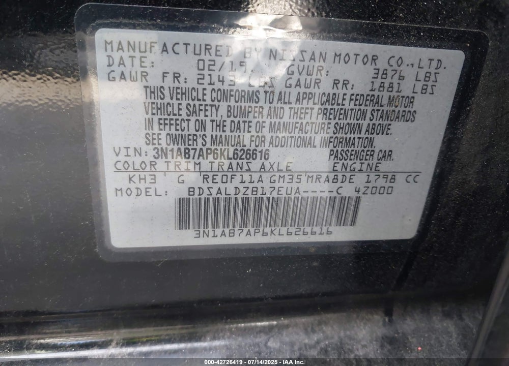 2019 NISSAN SENTRA VIN: 3N1AB7AP6KL626616