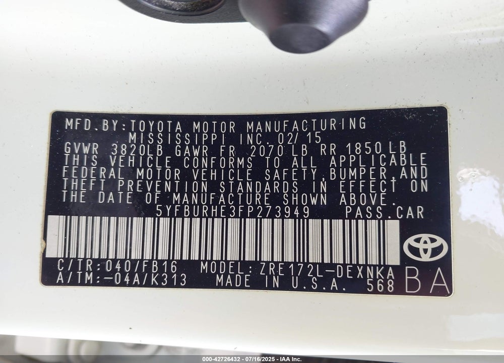 2015 TOYOTA COROLLA VIN: 5YFBURHE3FP273949