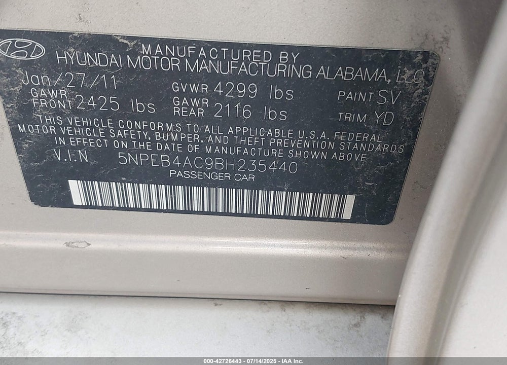 2011 HYUNDAI SONATA VIN: 5NPEB4AC9BH235440