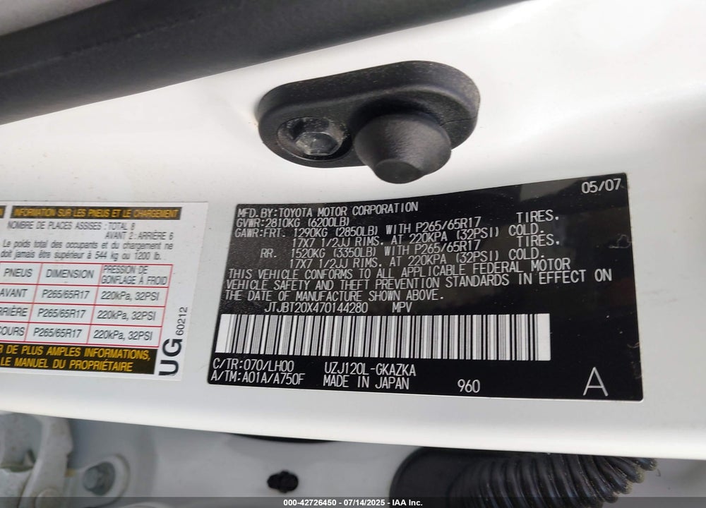 2007 LEXUS GX 470 VIN: JTJBT20X470144280