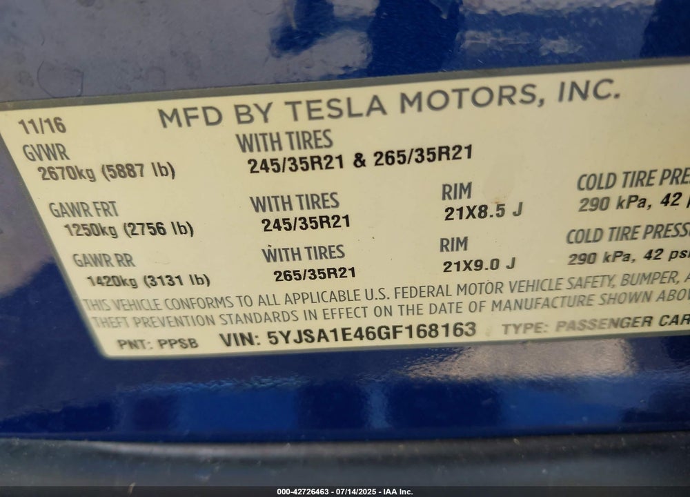 2016 TESLA MODEL S 90D/P100D/P85D/P90D VIN: 5YJSA1E46GF168163