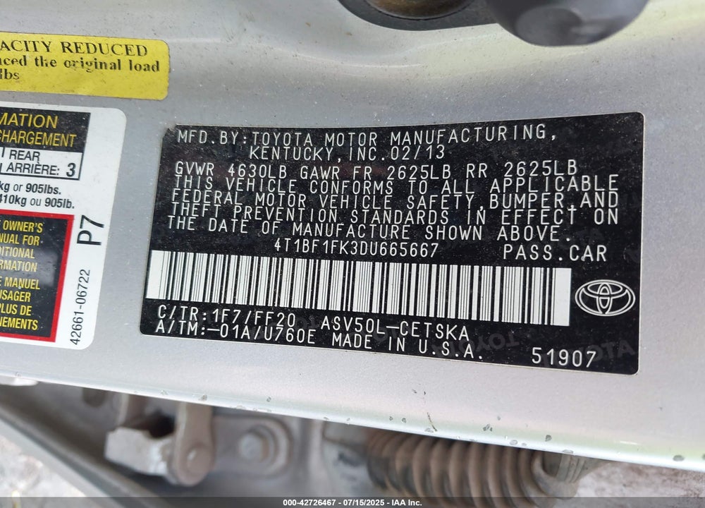 2013 TOYOTA CAMRY VIN: 4T1BF1FK3DU665667