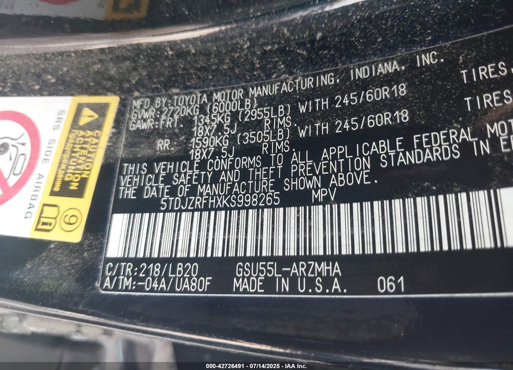 2019 TOYOTA HIGHLANDER VIN: 5TDJZRFHXKS998265