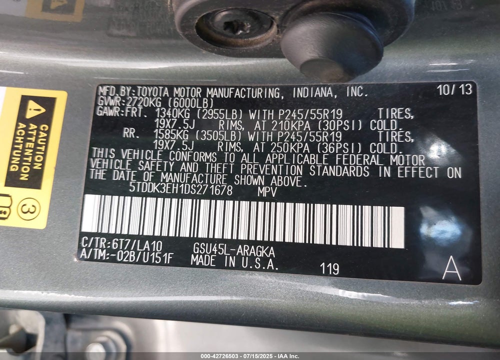 2013 TOYOTA HIGHLANDER VIN: 5TDDK3EH1DS271678