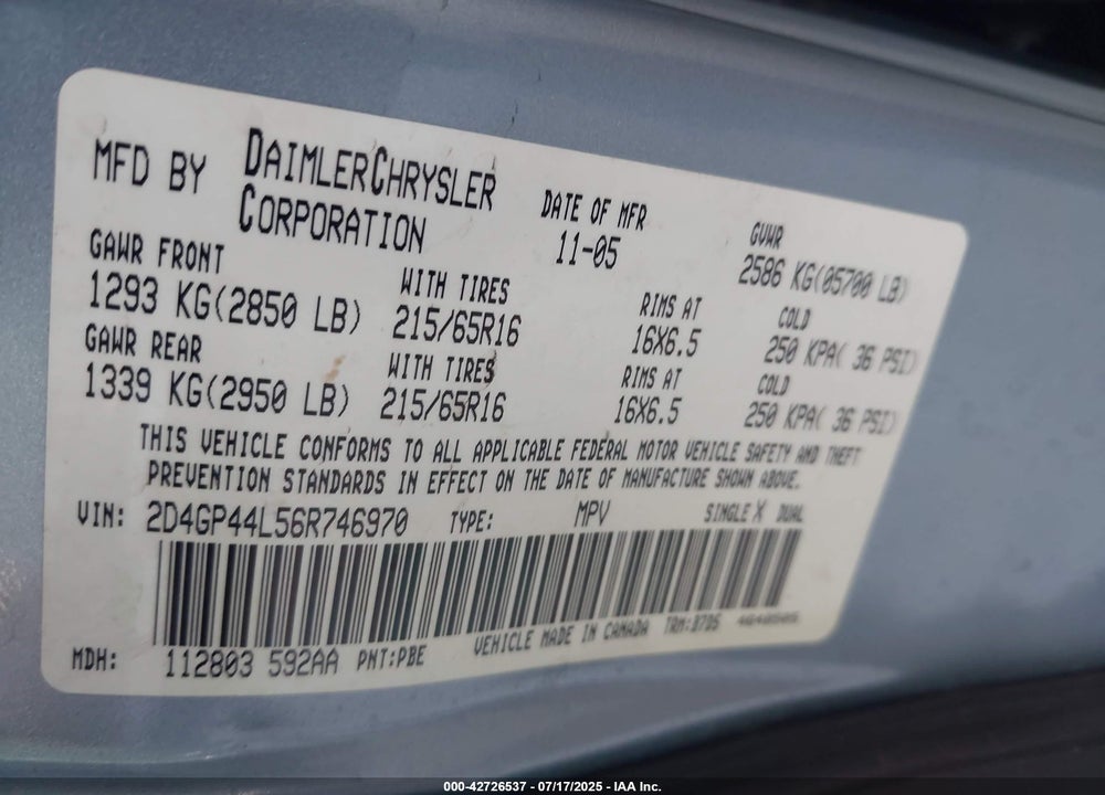2006 DODGE GRAND CARAVAN VIN: 2D4GP44L56R746970