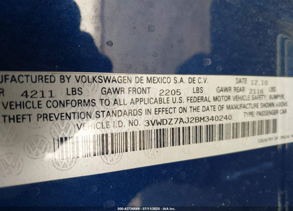 2011 VOLKSWAGEN JETTA VIN: 3VWDZ7AJ2BM340240