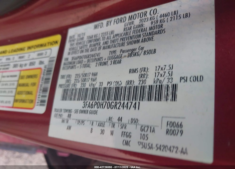2016 FORD FUSION SE VIN: 3FA6P0H70GR244741