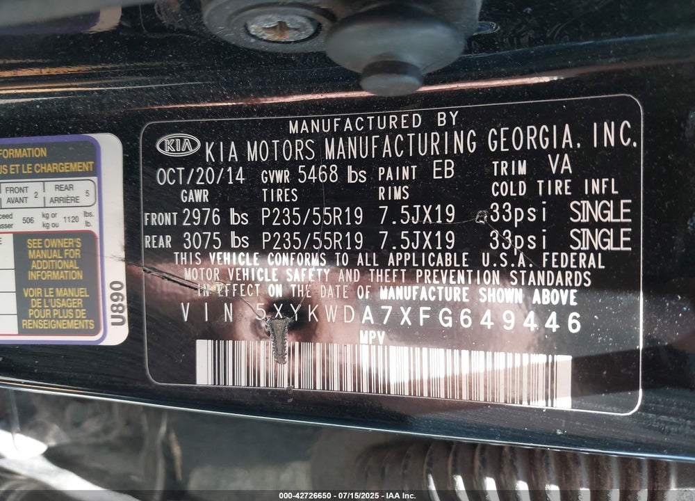 2015 KIA SORENTO VIN: 5XYKWDA7XFG649446