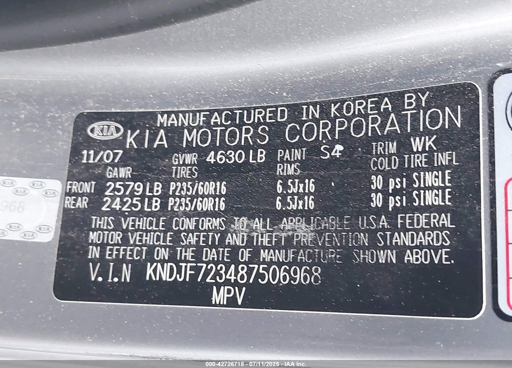 2008 KIA SPORTAGE LX V6 VIN: KNDJF723487506968