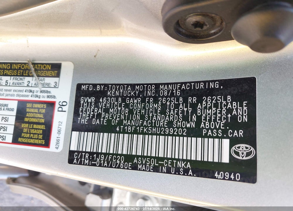 2017 TOYOTA CAMRY VIN: 4T1BF1FK5HU299202