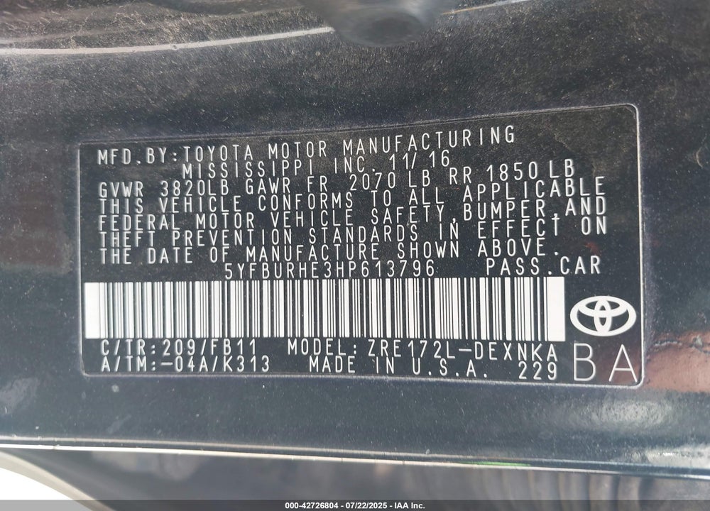 2017 TOYOTA COROLLA VIN: 5YFBURHE3HP613796