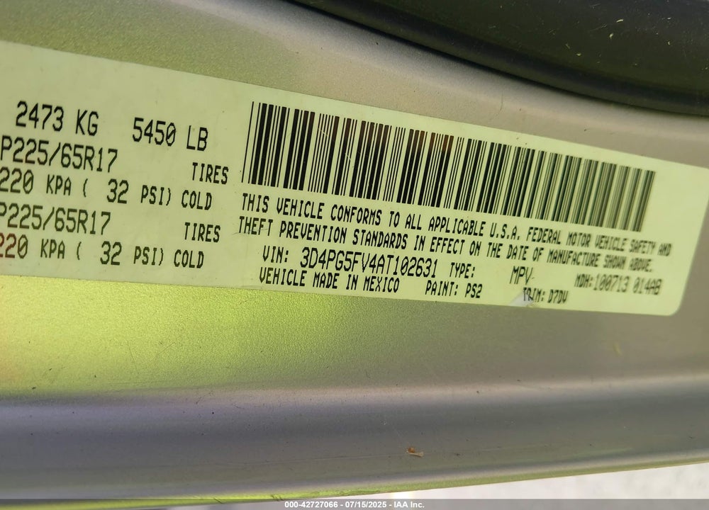 2010 DODGE JOURNEY VIN: 3D4PG5FV4AT102631
