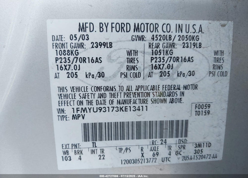 2003 FORD ESCAPE XLT VIN: 1FMYU93173KE13411