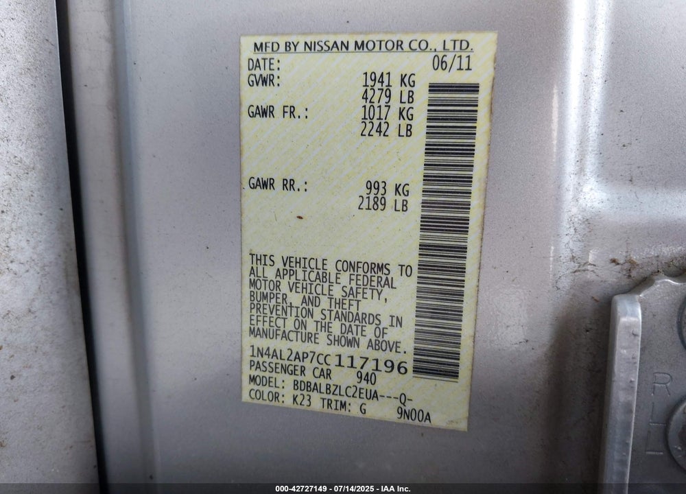 2012 NISSAN ALTIMA VIN: 1N4AL2AP7CC117196