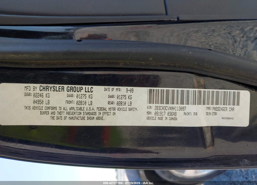 2010 DODGE CHARGER VIN: 2B3CA3CVXAH113097