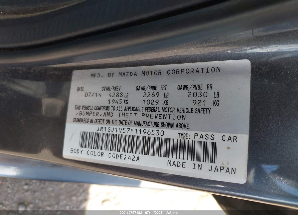 2015 MAZDA 6 VIN: JM1GJ1V57F1196530