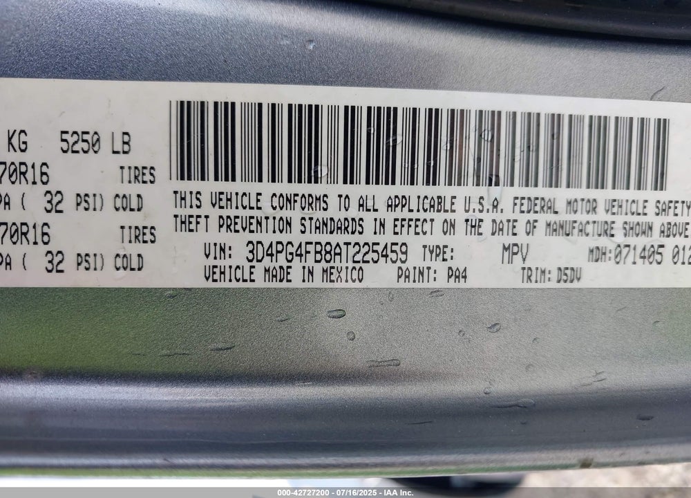 2010 DODGE JOURNEY VIN: 3D4PG4FB8AT225459