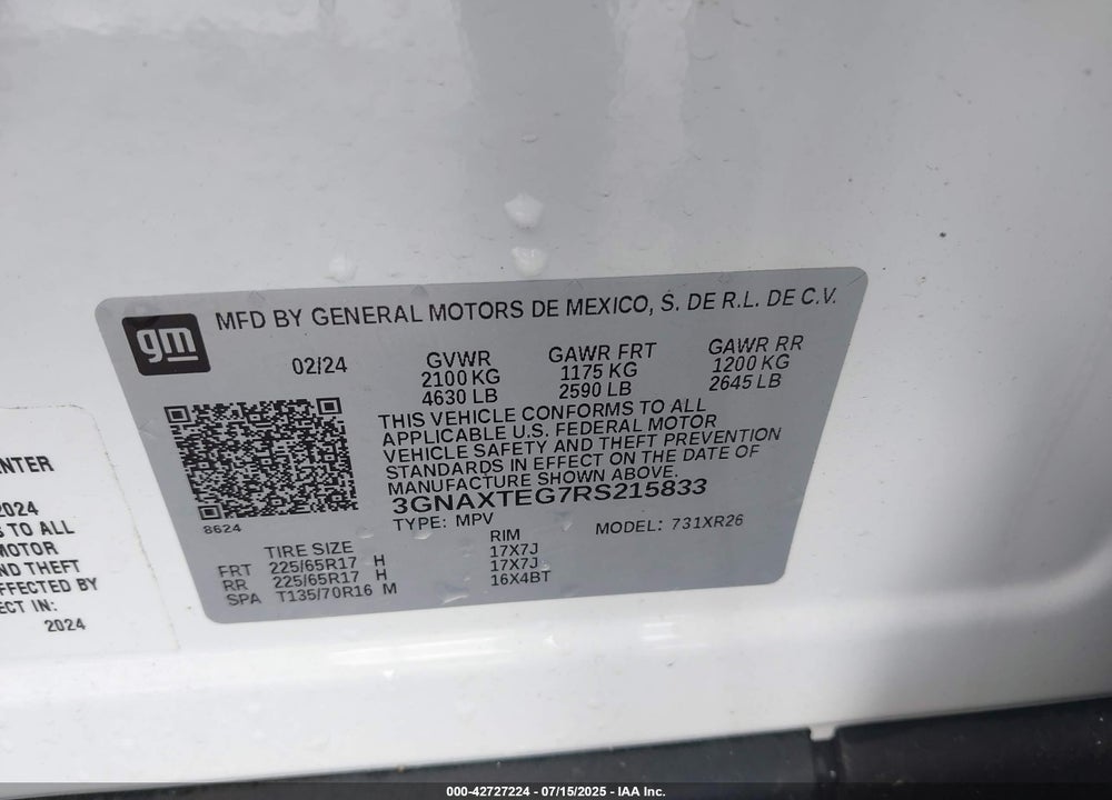 2024 CHEVROLET EQUINOX VIN: 3GNAXTEG7RS215833