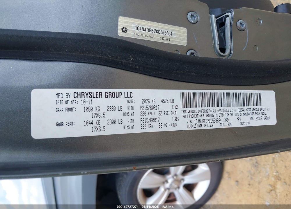 2012 JEEP PATRIOT LATITUDE VIN: 1C4NJRFB7CD528664