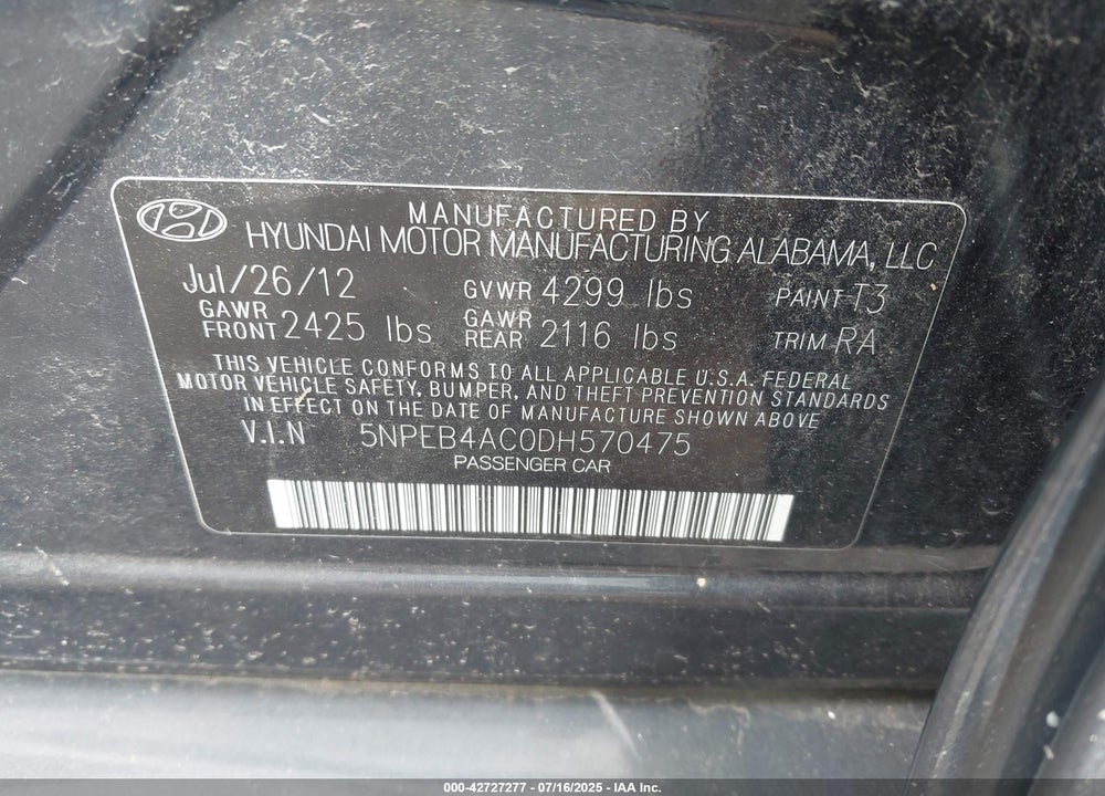 2013 HYUNDAI SONATA VIN: 5NPEB4AC0DH570475