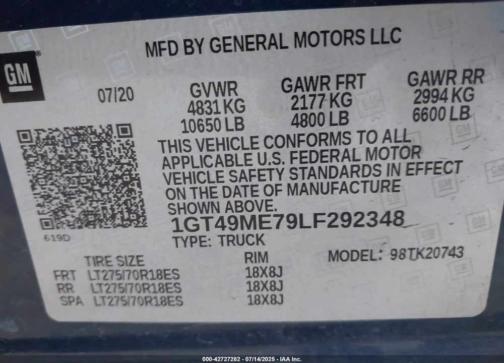 2020 GMC SIERRA 2500HD 4WD  STANDARD BED SLE VIN: 1GT49ME79LF292348